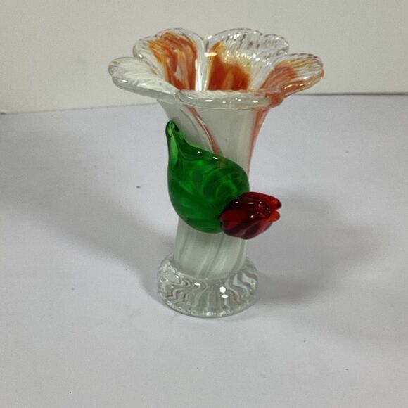 Vtg Vase Hand Blown Art Glass Rose Orange White Swirl Ruffled Crimped MCM Decor - Picture 1 of 8